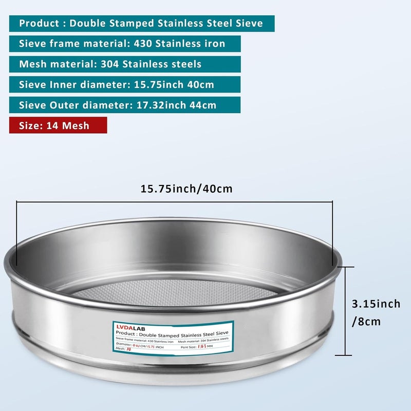 LVDALAB 304 Stainless Steel Lab Sieve Screen Mesh, 14 Mesh(1.43mm) Aperture Test Sieve, 15.75''(40cm) Diameter Economy Standard Analysis Sample Test Sieves for Industrial Laboratory Homes - Image 2